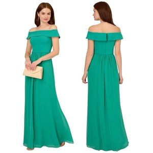 ADRIANNA PAPELL BOTANIC GREEN OFF THE SHOULDER CREPE CHIFFON EVENING GOWN DRESS